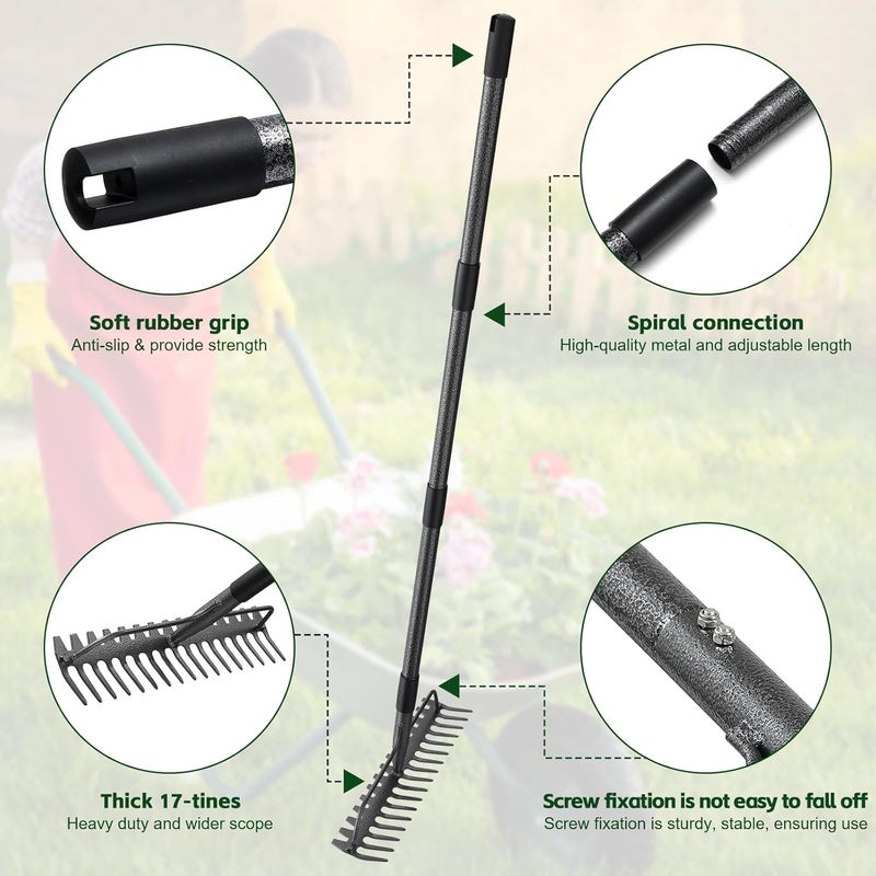 DIIG 77'' Bow Rake ，17 Tines Metal Head Rakes with Stainless Steel Handle，Heavy Duty Garden Rake for Loosening Soil Gathering Leaf Leveling Lawn Farming Land Management Yarn Thatch Rake - Image 3